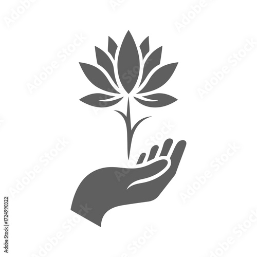 lotus growing out of open palm vector silhouette clip art logo design illustration