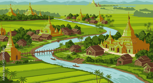 Stylized Golden Pagodas and Villages Along a Winding River Through Lush Asian Rice Paddies