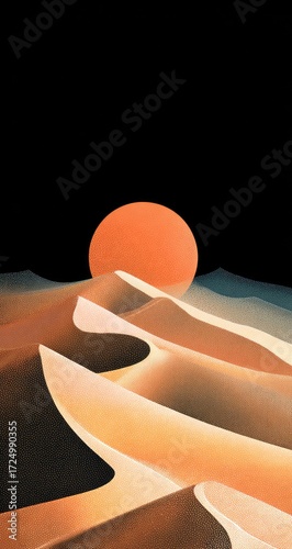 Stylized desert landscape at sunset; large orange sun above pale, undulating sand dunes against a black sky