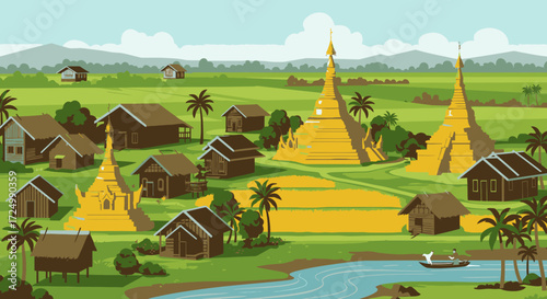 Pixel Art Myanmar Village with Golden Pagodas