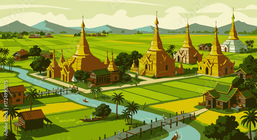 Golden Pagodas in Lush Green Fields with a Gentle River