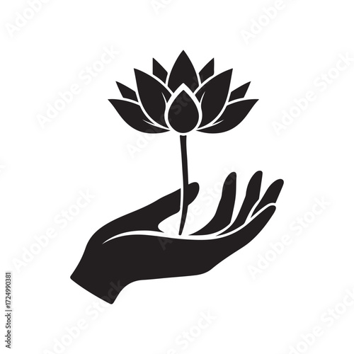 lotus growing out of open palm vector silhouette clip art logo design illustration