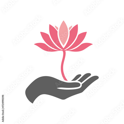 lotus growing out of open palm vector silhouette clip art logo design illustration