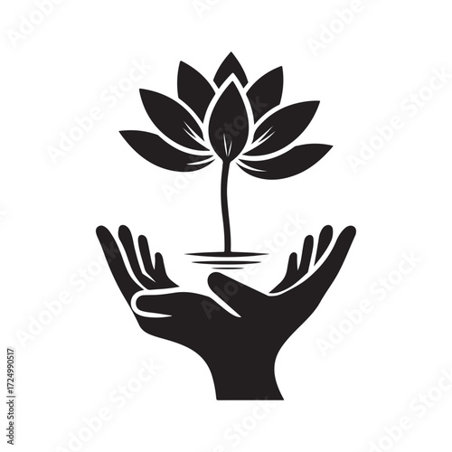 lotus growing out of open palm vector silhouette clip art logo design illustration