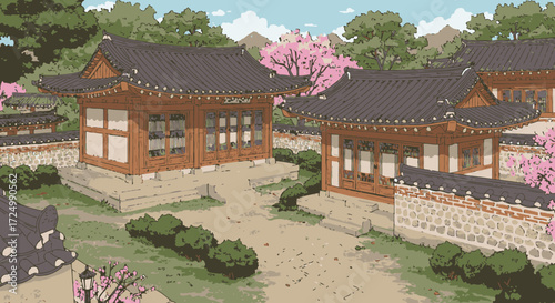 Traditional Korean Village Courtyard with Blooming Cherry Blossoms
