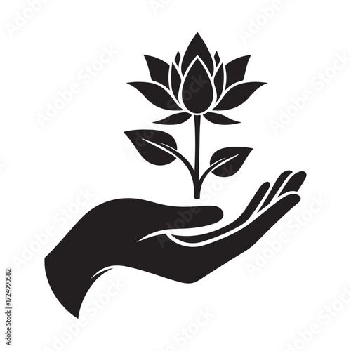 lotus growing out of open palm vector silhouette clip art logo design illustration