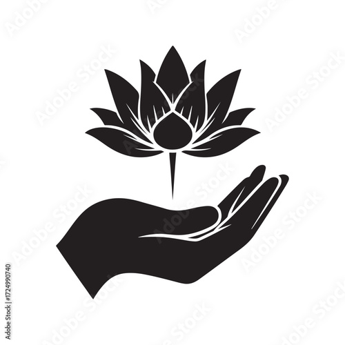 lotus growing out of open palm vector silhouette clip art logo design illustration