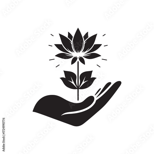 lotus growing out of open palm vector silhouette clip art logo design illustration