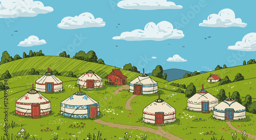 Traditional nomadic dwellings on a green rolling hill landscape