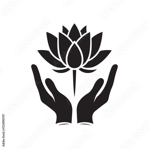 lotus growing out of open palm vector silhouette clip art logo design illustration