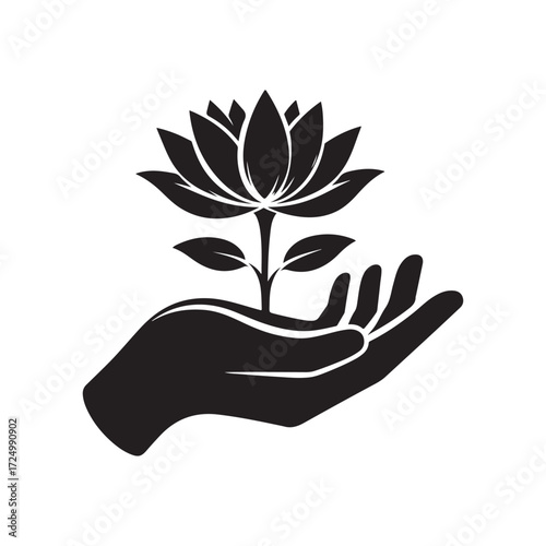 lotus growing out of open palm vector silhouette clip art logo design illustration