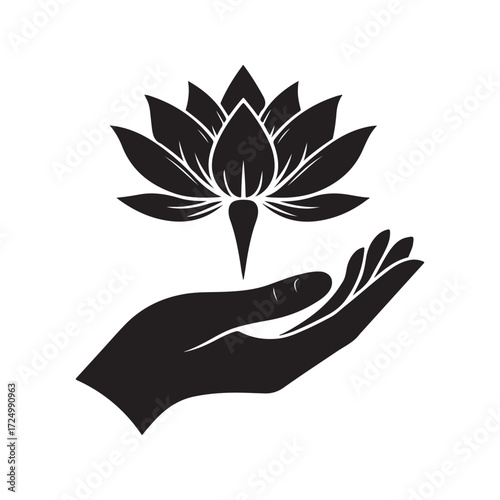 lotus growing out of open palm vector silhouette clip art logo design illustration