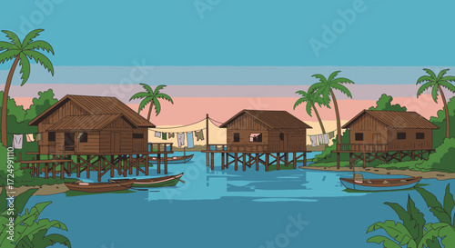 Digital illustration of a tranquil Asian stilt house village on a jungle river