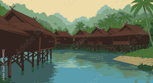 Tropical Village on Stilts Over the Water at Sunrise