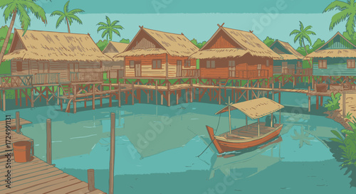 Traditional Tropical Stilt Village with Wooden Boats and Palm Trees on Calm Water