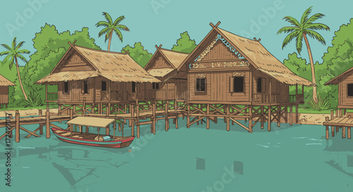Tropical stilt houses on the water with a boat