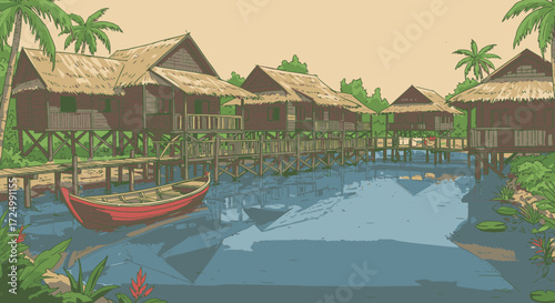 Picturesque Stilt Houses by the Waterway in a Tropical Landscape