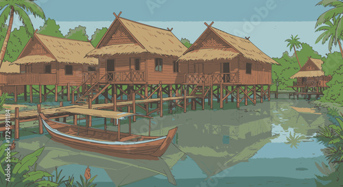Desert Oasis Village with People and Market Stalls