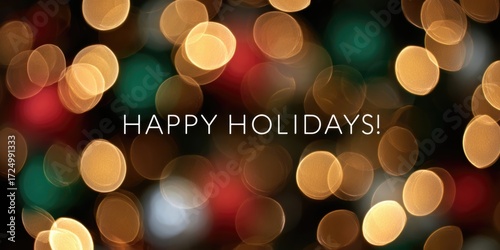 An abstract, photorealistic close-up of pure Christmas bokeh. The out-of-focus lights in gold, green, red, and silver. 