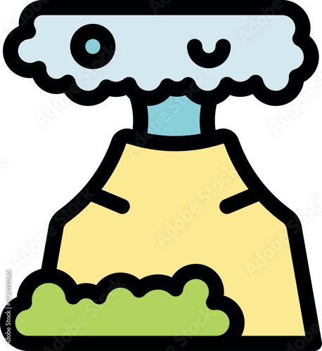 Volcano erupting with smoke and gases into the atmosphere, in kawaii style