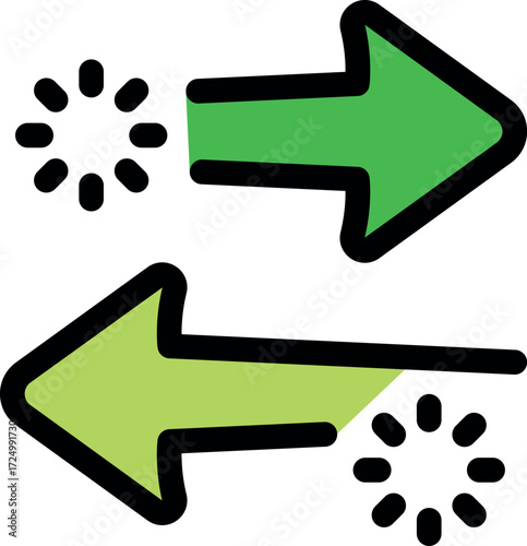 Two opposing green arrows represent data transfer or exchange, accompanied by loading symbols indicating ongoing processes