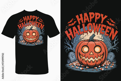 Spooky Season T-Shirt Design Featuring a Carved Pumpkin and the Phrase Happy Halloween In a Bat Filled Landscape