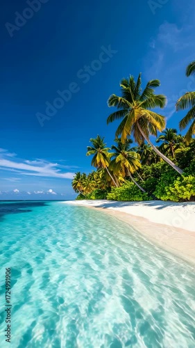 Turquoise Ocean Water Gently Lapping White Sandy Beach Under a Clear Blue Sky with Lush Palm Trees in Tropical Paradise