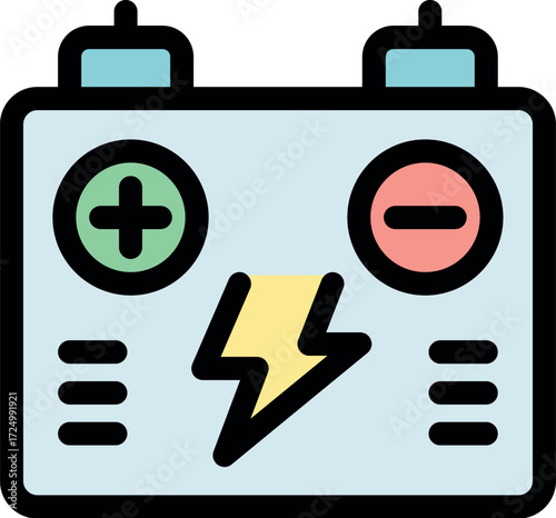 Accumulator battery is providing electricity, featuring plus and minus terminals, symbolizing stored energy and power supply
