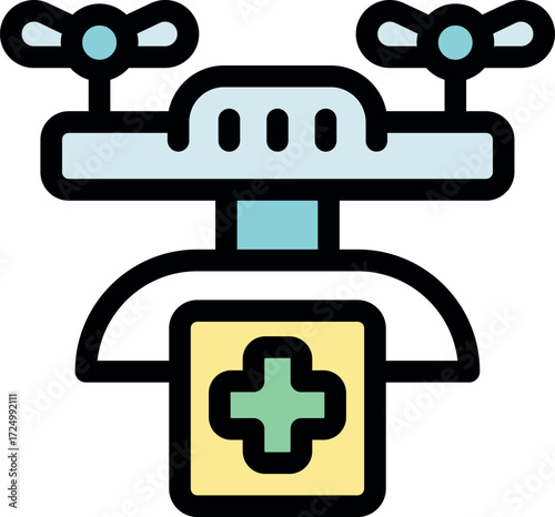 Quadcopter drone carrying first aid kit, providing fast medical supply delivery in emergency situations, ensuring timely medical assistance