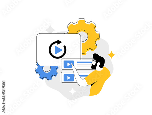 Suggested video feature highlights video suggestion seo concept. Social media online platform recommends relevant video clips to users improving visibility and audience engagement vector illustration.