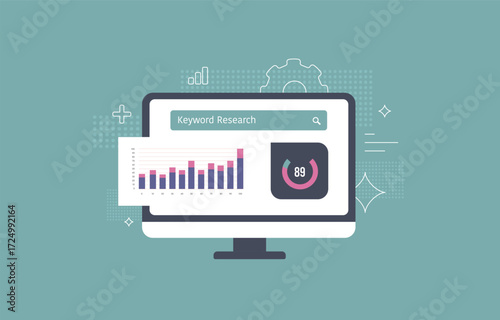 Keyword research SEO digital marketing. Keyword targeting drive success with precise analysis, search trends and digital content optimization for better online visibility. Flat vector illustration