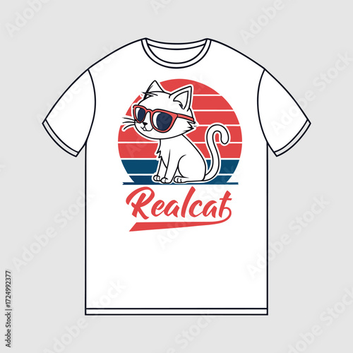 Stylish Cat T-Shirt Design Featuring a Cool Cartoon Cat with Sunglasses Against a Retro Sunset Background