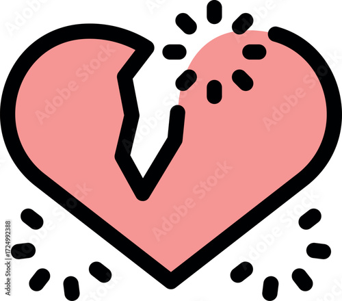 Pink broken heart splitting apart with sparks flying, symbolizing heartbreak, sadness, and the end of a relationship