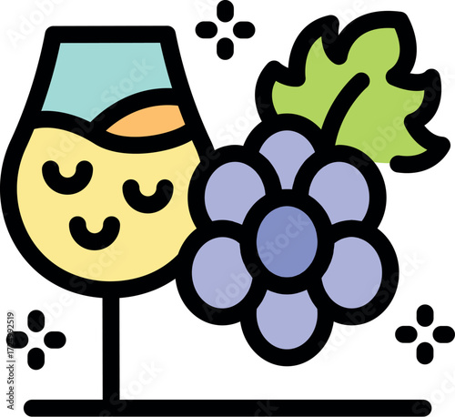 Cute illustration of wine glass and grapes with a smiling face