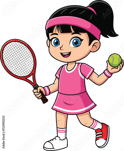 Cartoon girl in pink tennis outfit holding racket and ball, cheerful sports pose, kids activity theme, vector illustration for athletic content