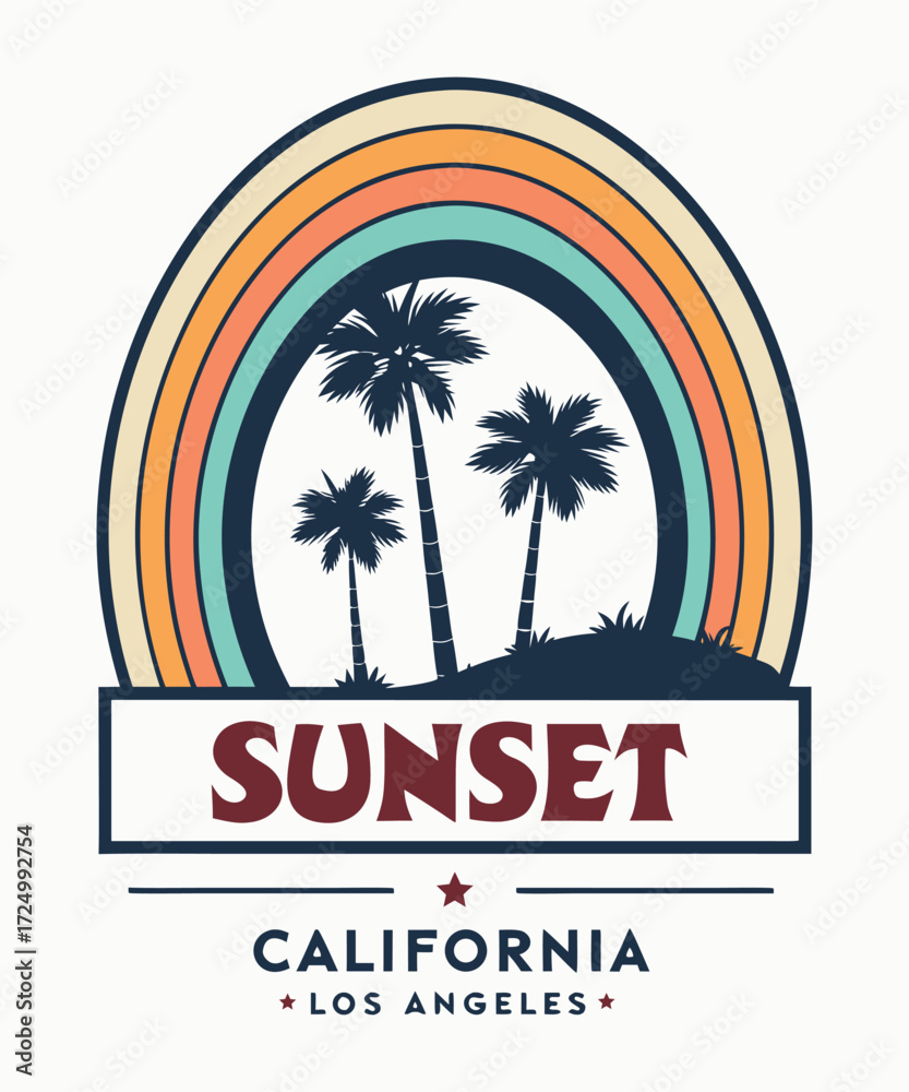 Fototapeta premium Vintage Sunset Vibes in California Los Angeles with Palm Trees and Retro Rainbow Graphic Design tshirt design vector 