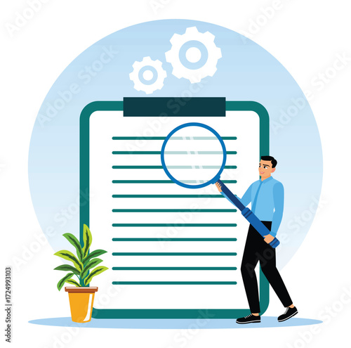 The manager examines and analyzes the document files with a magnifying glass.