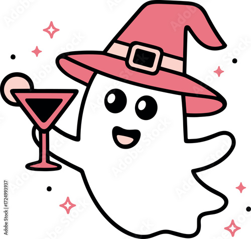 Pink Halloween cocktail party ghost wearing witch hat and holding a drink girls night cute outline drawing. Witches theme spooky magical witchy preppy girly magic witchcraft aesthetic doodle clipart.