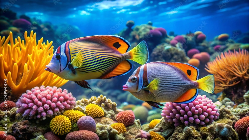 Fototapeta premium Vibrant Reef Inhabitants Gracefully Navigating a Lush Coral Garden, Exhibiting Striking Colors and Intricate Patterns