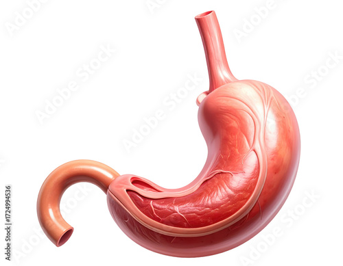 Highly detailed human stomach anatomy showing structure and texture isolated on a white background