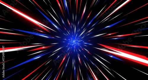 Dynamic red, white, and blue light streaks radiating from a central point on black