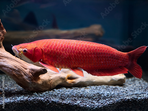 Arowana in planted tank teaching children about aquatic habitats and species preservation
