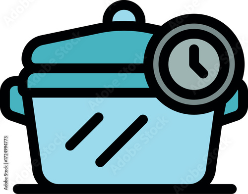 Cooking pot with timer, indicating cooking duration or food preparation time