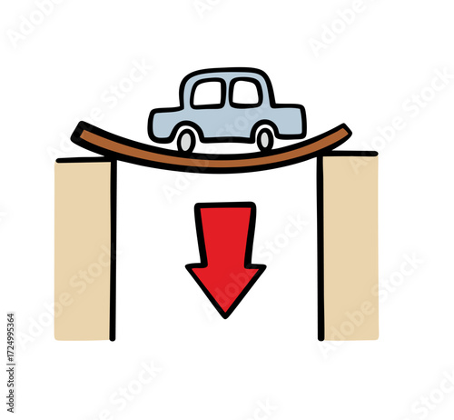 Vector illustration demonstrating the laws of physics. The car is traveling on a thin bridge, gravity or gravity is acting, and the bridge is buckling. People travel from the shore over a precipice.