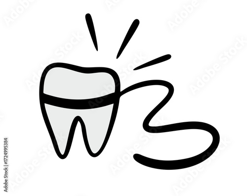 Cartoon baby tooth was pulled out of his mouth with a rope. Vector illustration of waiting for a fairy or dentist.