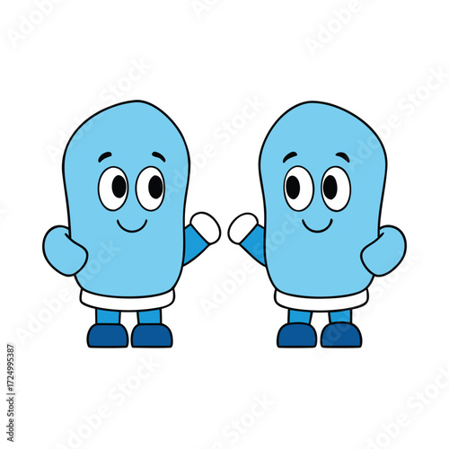 Two cartoon blue mittens waving hello on white background