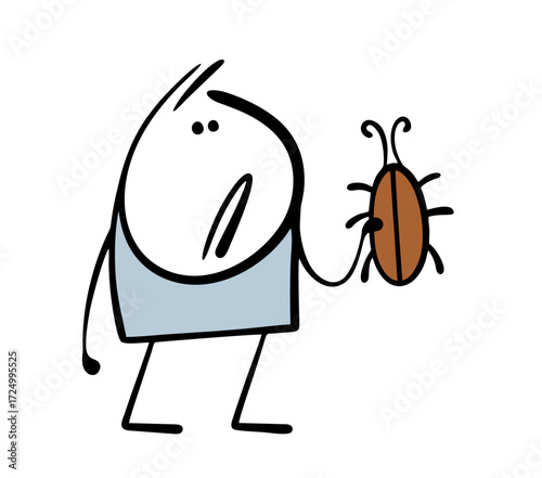 Confused cartoon stickman has caught a large bug. Vector illustration of a child finding an insect. Zoology lesson at school, studying animals.