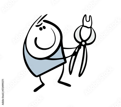 Satisfied dentist at the clinic pulled out a tooth from a sick patient. Vector illustration of stickman holding huge forceps, a surgical instrument. Dentistry for children, baby tooth.