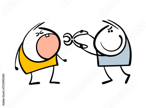 Insidious dentist holds forceps and pulls out a sick tooth from a patient in the clinic. Vector illustration of a surgical operation. Dentist and cartoon child.