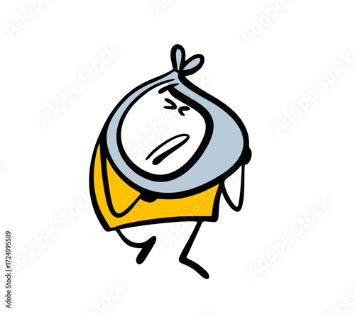 Funny cartoon unfortunate stickman with a toothache goes to the dentist. Vector illustration of a child and a swollen cheek tied with a handkerchief. Dental clinic and patient.